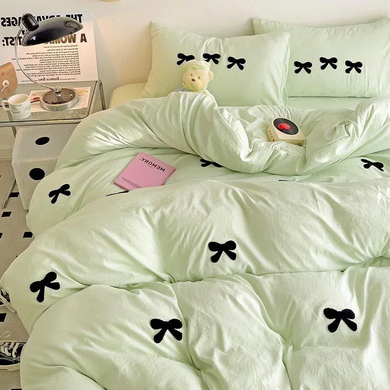 Cute Pink Bows Duvet Cover Set for Girls, 3pcs