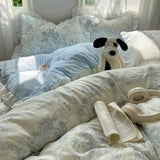 Blue Floral Ruffle Duvet Cover Set Queen 4Pcs