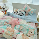 Korean Pink Bedding Set With Kawaii Bear Floral - 3pcs