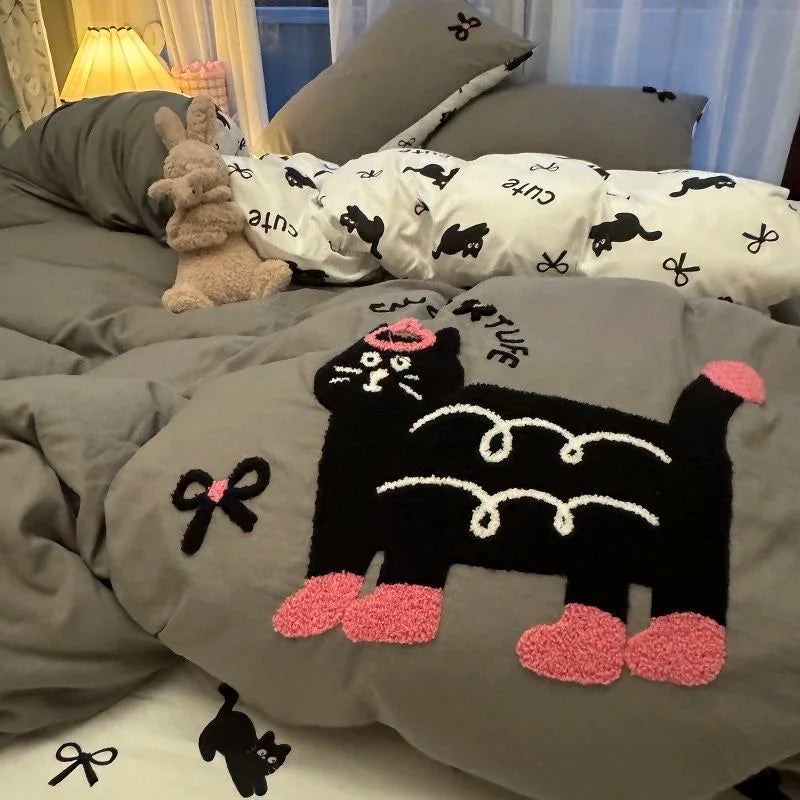 Korean Style Bedding Set with Black Cat Embroidery 4 pcs
