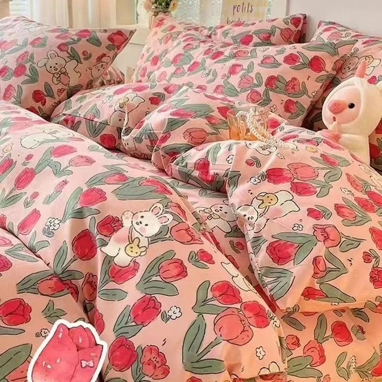 INS Gentle Pink Rose Bedding Set for Girls Women Kawaii 4 pcs
