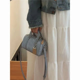 Retro Blue Denim Handbag With Pendant For Women