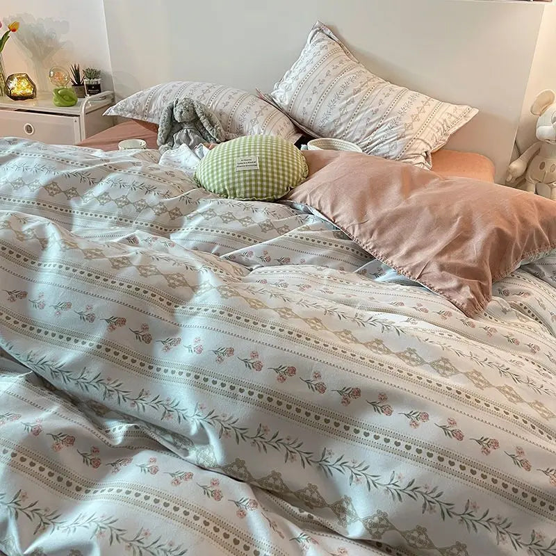 Korean Style Blue Letter Bedding Set for All Sizes 4 pcs