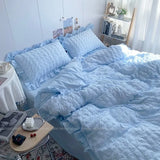 Kawaii INS Girl Blue Bedding Set with Ruffles 4 pcs