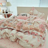 Korean Pink Bedding Set With Kawaii Bear Floral - 3pcs