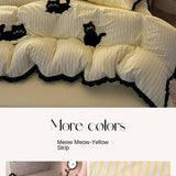 Korean Style Bedding Set with Black Cat Embroidery 4 pcs