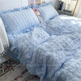Kawaii INS Girl Blue Bedding Set with Ruffles 4 pcs