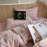 Pink Striped Plaid Duvet Cover Set with 2 Pillowcases
