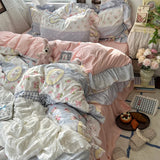 Korean Princess Floral Ruffles Bedding Set, 4 Pcs