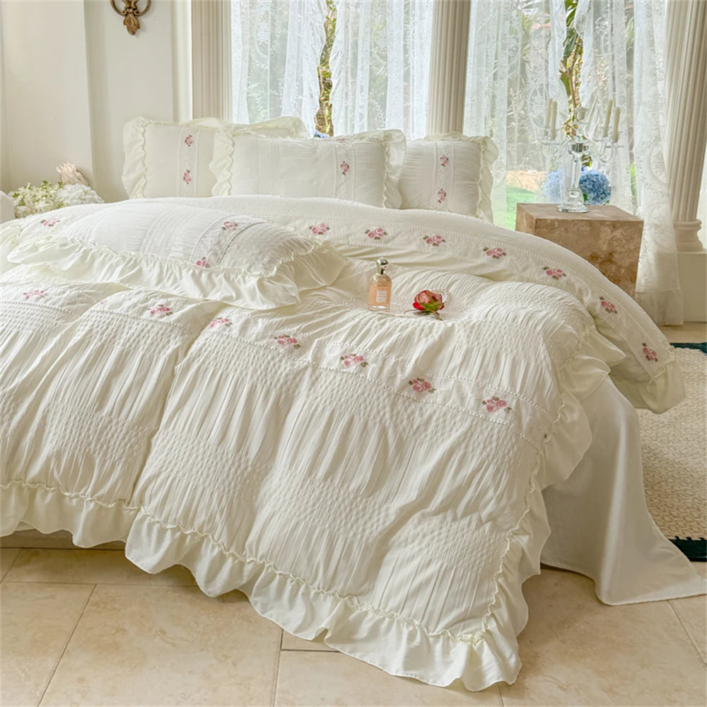 Korean Style Bed Set with Flower Embroidery, 4 pcs