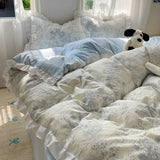 Blue Floral Ruffle Duvet Cover Set Queen 4Pcs