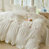 Korean Style Bed Set with Flower Embroidery, 4 pcs