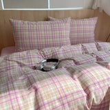 Pink Striped Plaid Duvet Cover Set with 2 Pillowcases