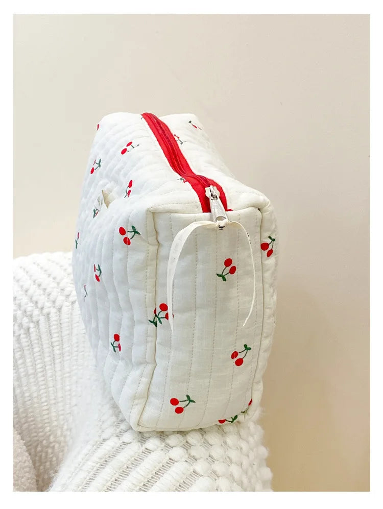 Quilted Cotton Retro Cherry Travel Cosmetic Bag  Clean Vanilla Store