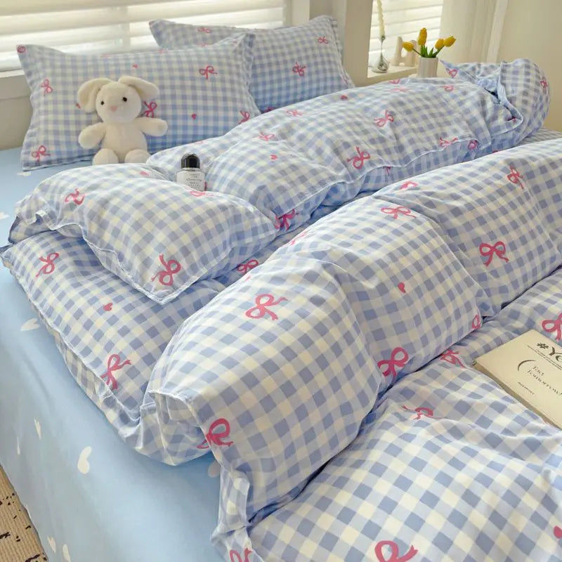 Pink Plaid Duvet Cover Set Kawaii Bowknot 4pcs