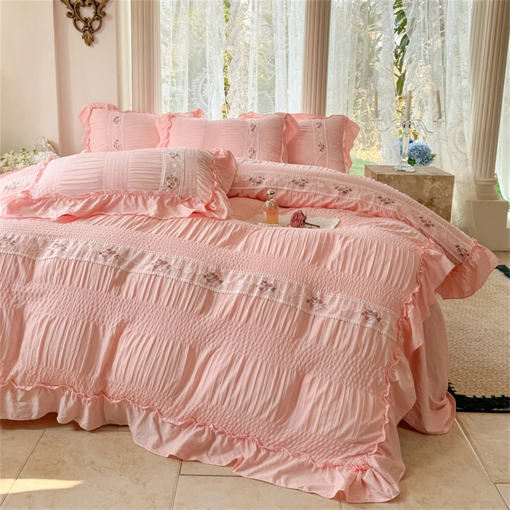 Korean Style Bed Set with Flower Embroidery, 4 pcs