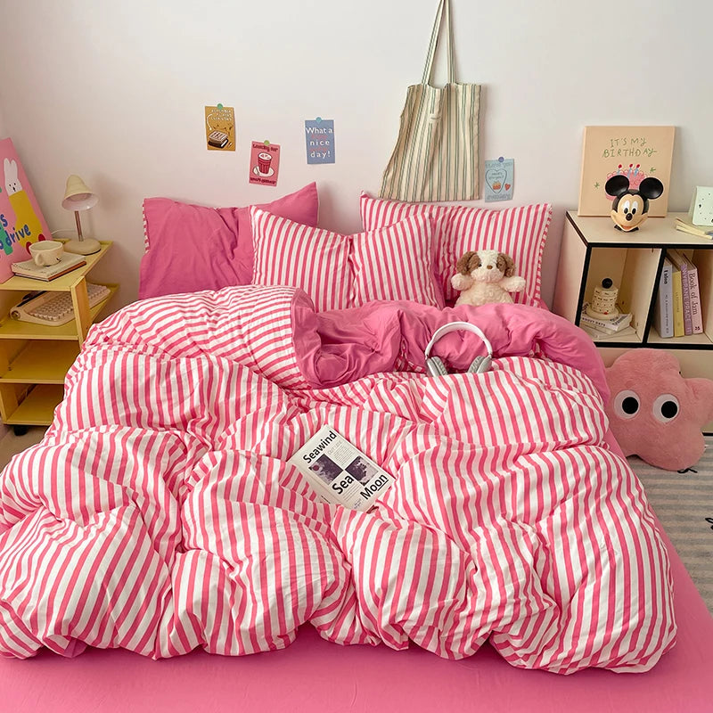 Pink Stripe Bedding Duvet Cover Set with Pillowcase