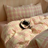 Pink Striped Plaid Duvet Cover Set with 2 Pillowcases