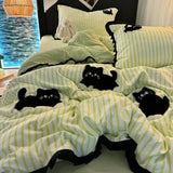 Korean Style Bedding Set with Black Cat Embroidery 4 pcs