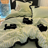 Korean Style Bedding Set with Black Cat Embroidery 4 pcs