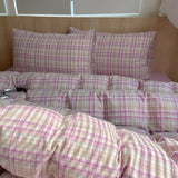 Pink Striped Plaid Duvet Cover Set with 2 Pillowcases