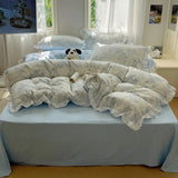 Blue Floral Ruffle Duvet Cover Set Queen 4Pcs