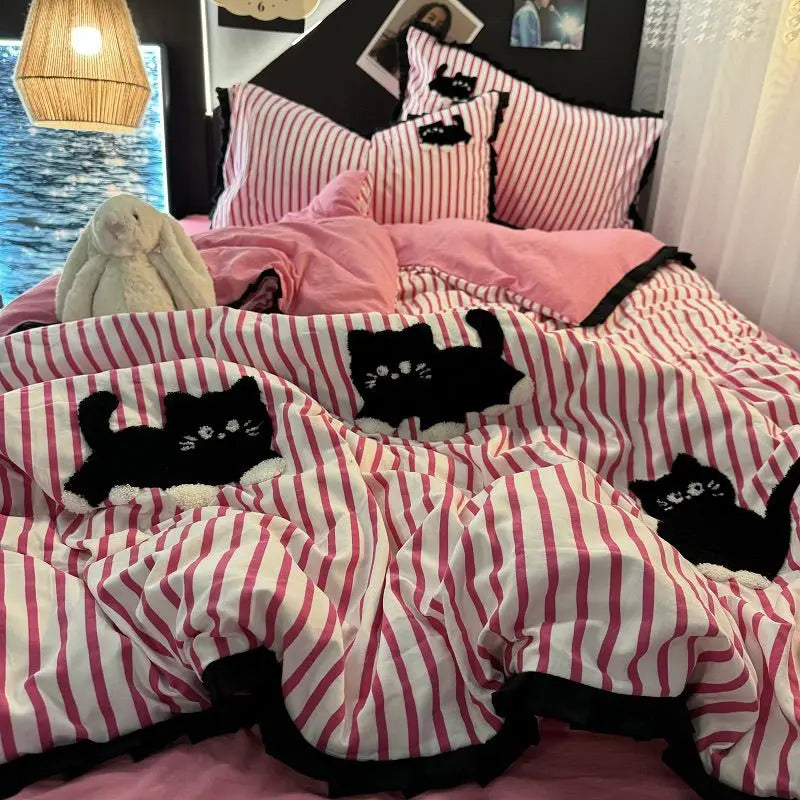 Korean Style Bedding Set with Black Cat Embroidery 4 pcs