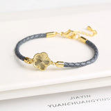 Classic Leather Five Leaf Flower Charm Bracelet