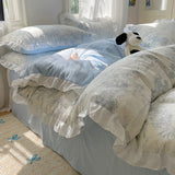 Blue Floral Ruffle Duvet Cover Set Queen 4Pcs