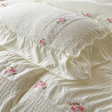 Korean Style Bed Set with Flower Embroidery, 4 pcs