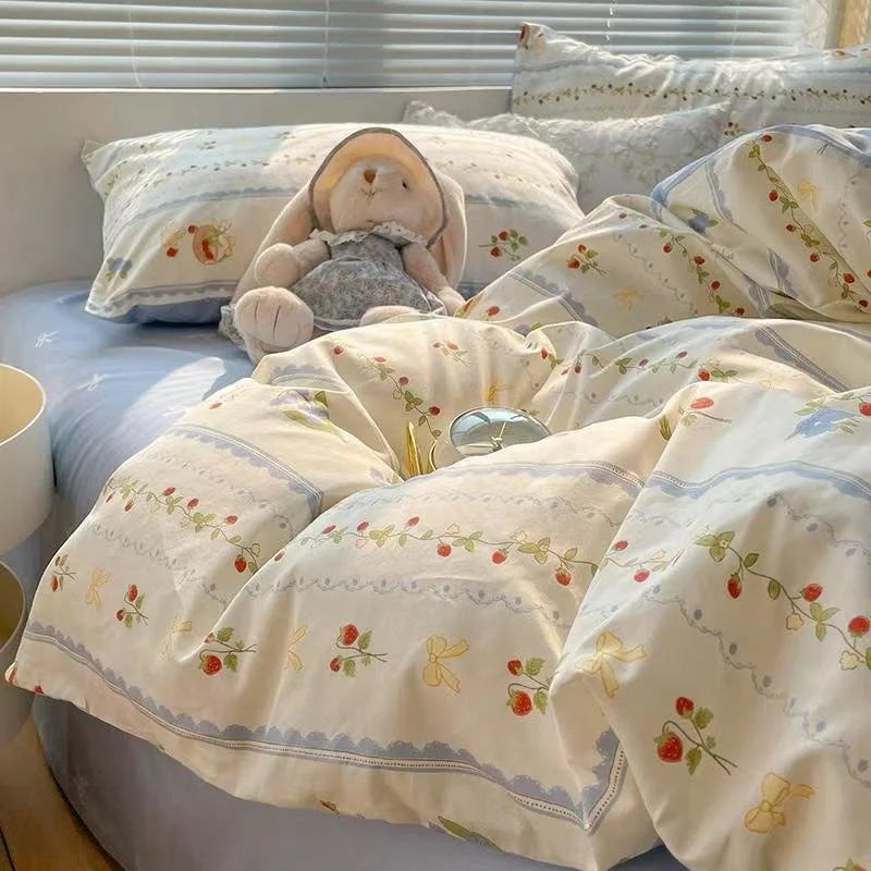 INS Gentle Pink Rose Bedding Set for Girls Women Kawaii 4 pcs