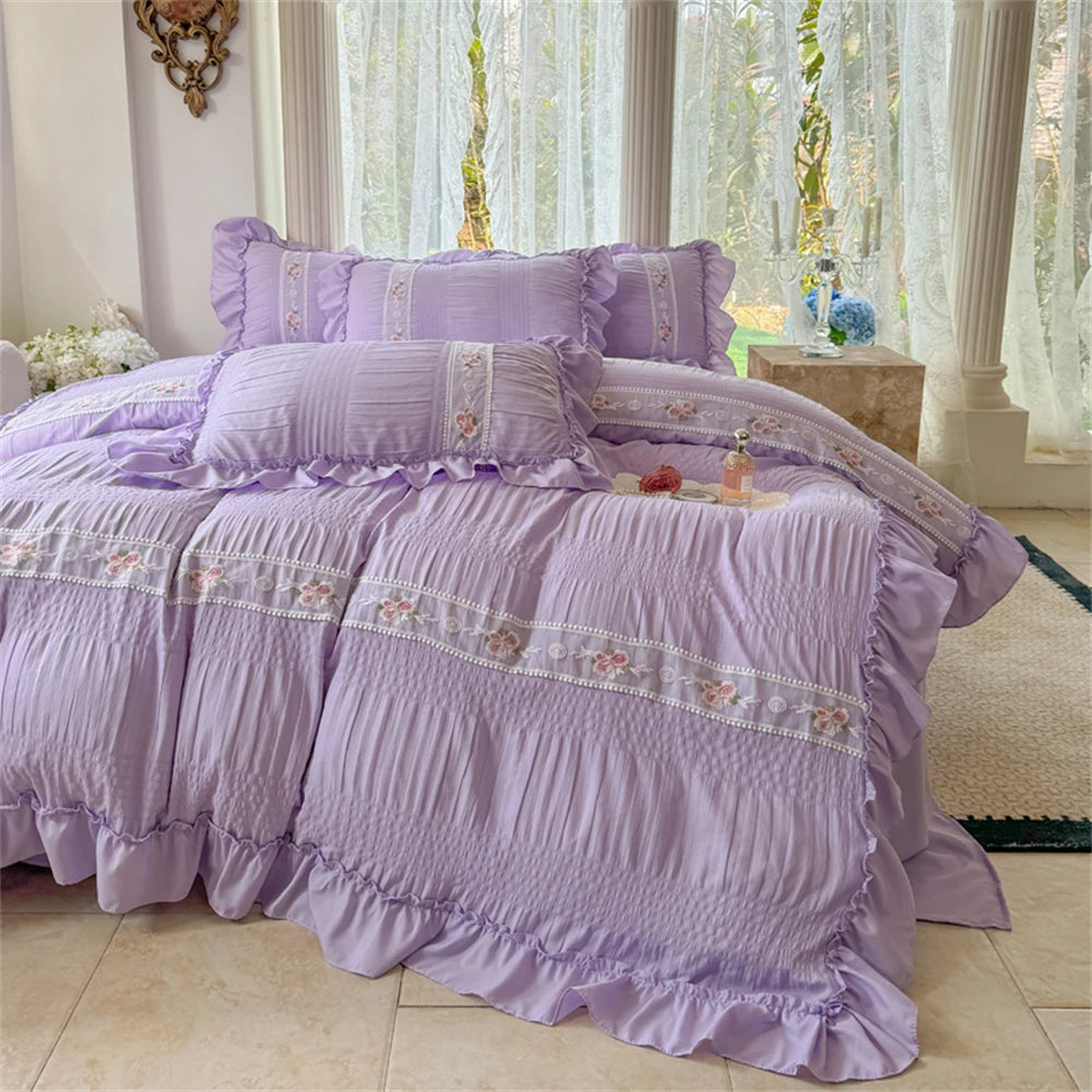 Korean Style Bed Set with Flower Embroidery, 4 pcs