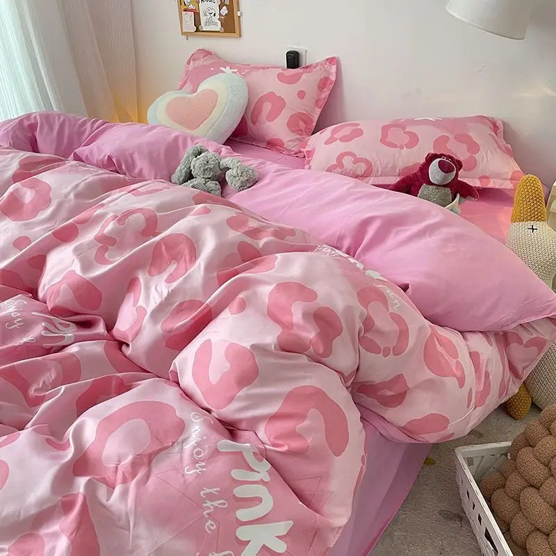 Korean Style Blue Letter Bedding Set for All Sizes 4 pcs