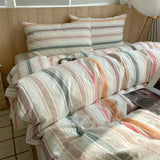 Pink Striped Plaid Duvet Cover Set with 2 Pillowcases