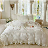 Korean Style Bed Set with Flower Embroidery, 4 pcs