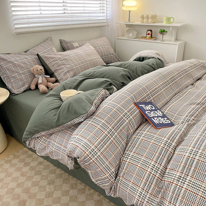 Nordic Plaid Wash Cotton Bedding Set, 4 Pcs