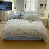 Blue Floral Ruffle Duvet Cover Set Queen 4Pcs