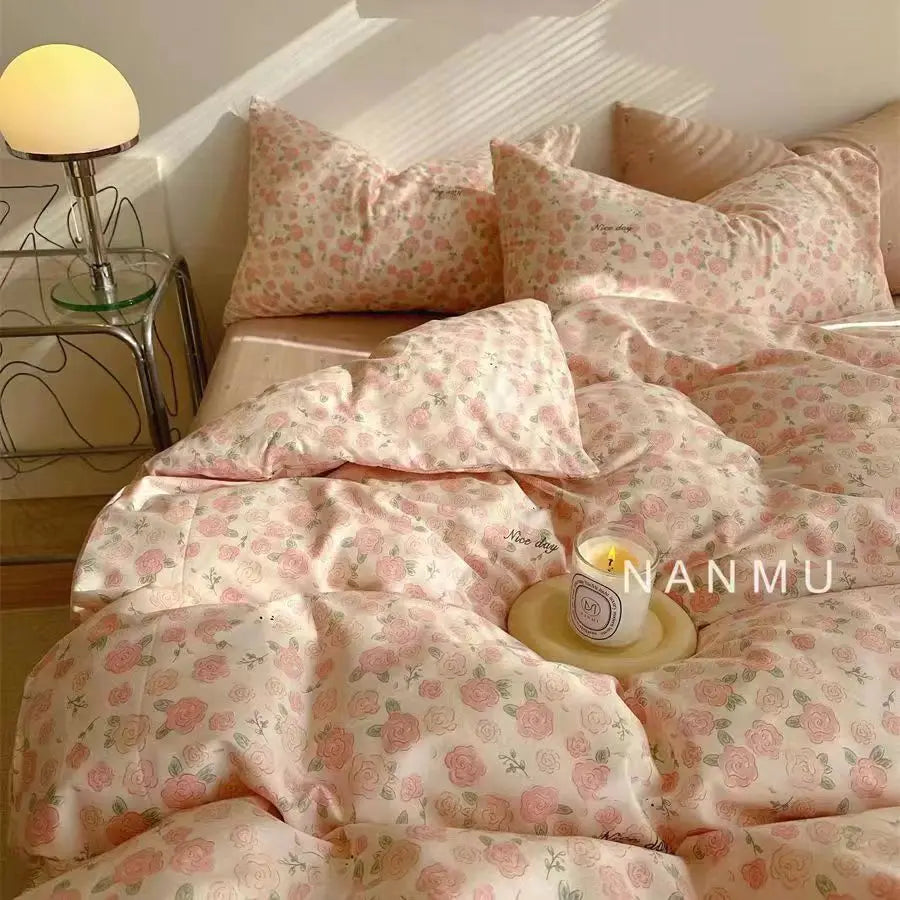 INS Gentle Pink Rose Bedding Set for Girls Women Kawaii 4 pcs