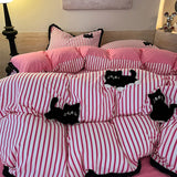 Korean Style Bedding Set with Black Cat Embroidery 4 pcs