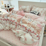 Korean Pink Bedding Set With Kawaii Bear Floral - 3pcs