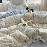 Blue Floral Ruffle Duvet Cover Set Queen 4Pcs