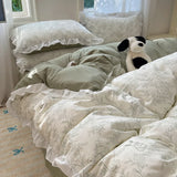 Blue Floral Ruffle Duvet Cover Set Queen 4Pcs