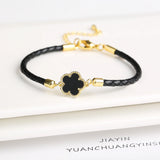 Classic Leather Five Leaf Flower Charm Bracelet