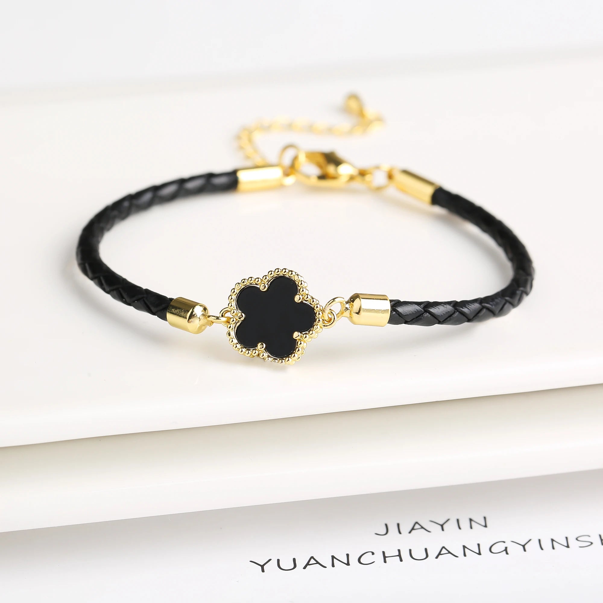 Classic Leather Five Leaf Flower Charm Bracelet