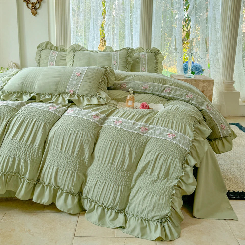 Korean Style Bed Set with Flower Embroidery, 4 pcs