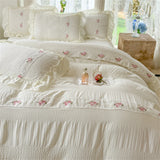Korean Style Bed Set with Flower Embroidery, 4 pcs