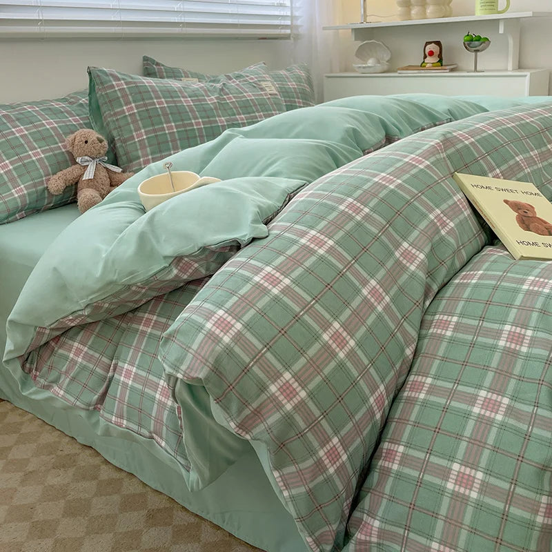 Nordic Plaid Wash Cotton Bedding Set, 4 Pcs