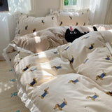 Blue Floral Ruffle Duvet Cover Set Queen 4Pcs