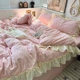 Pink Korean Princess Lace Ruffles Bedding Set 4 Pcs