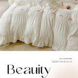 Korean Style Bed Set with Flower Embroidery, 4 pcs